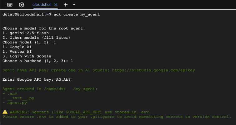 The full adk create wizard, from model choice to Agent created
