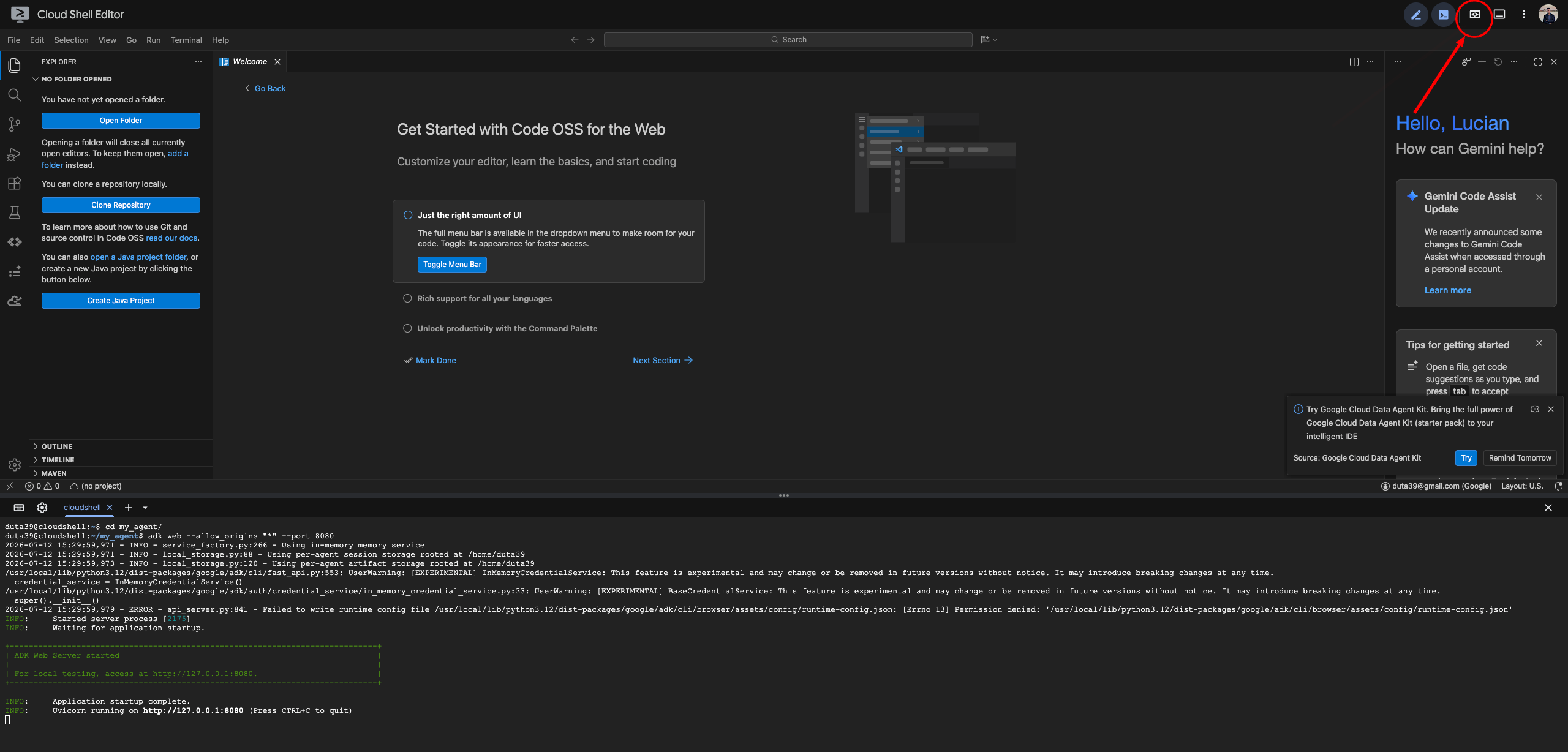 Clicking the Web Preview eye icon, top right of Cloud Shell