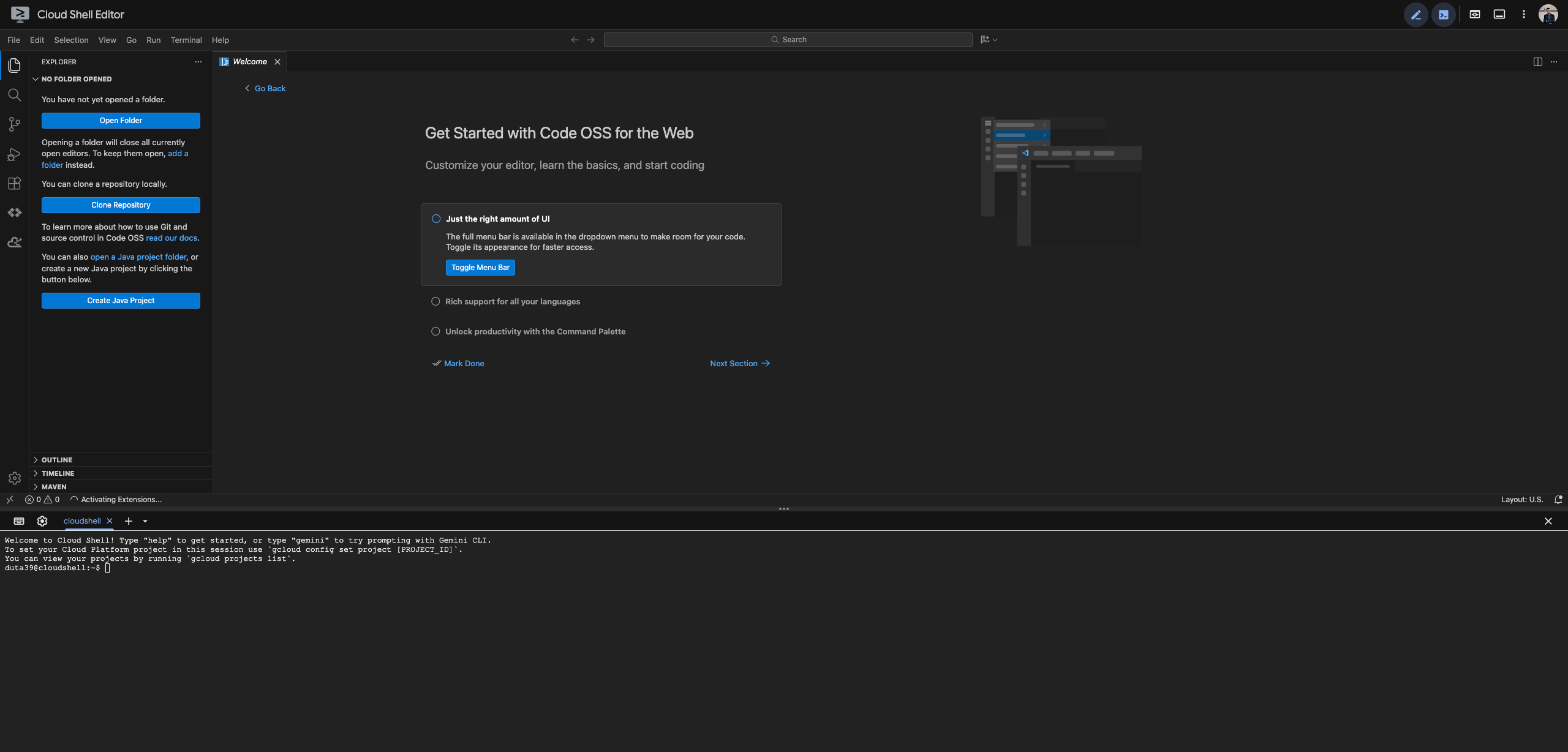Cloud Shell terminal right after it loads